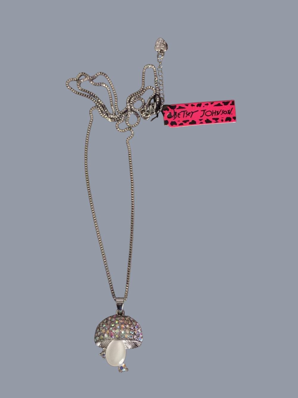 Betsey Johnson Rhinestone Mushroom Necklace  Silver Tone Pendant NWT